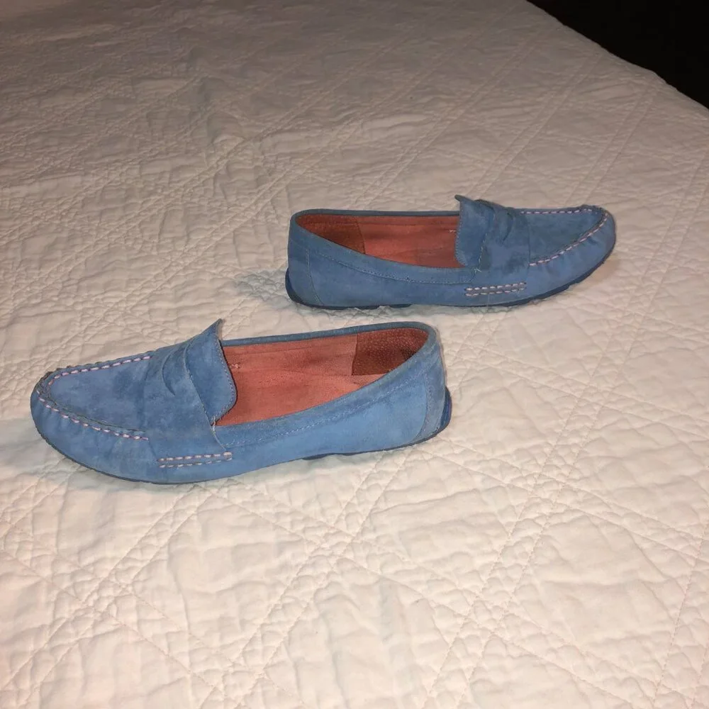 Womens Blue Suede Penny Loafers Moccasins, Size 9.5M